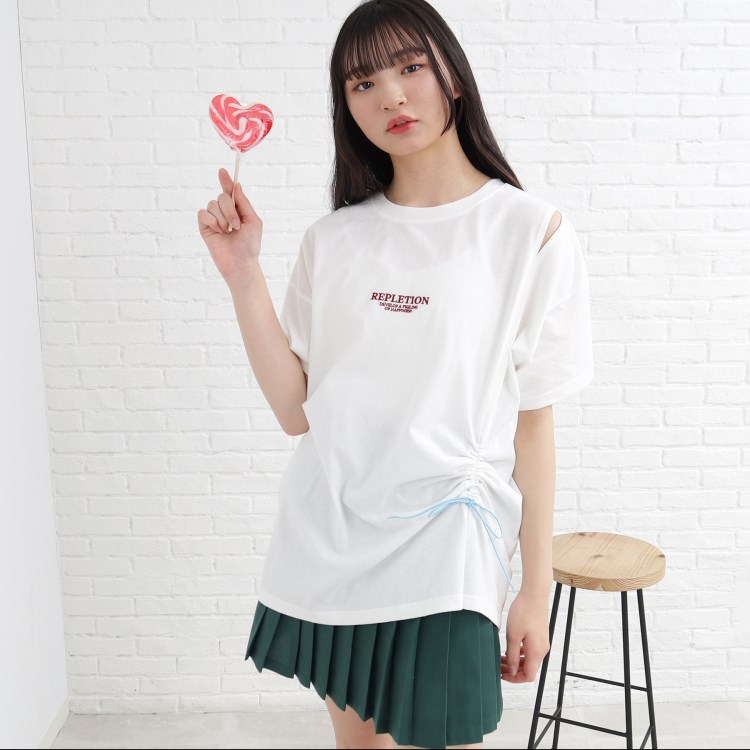 ピンク ラテ(PINK-latte)の【2WAY/前後着用可】配色ドロストシャーリングTシャツワンピース ミニワンピース