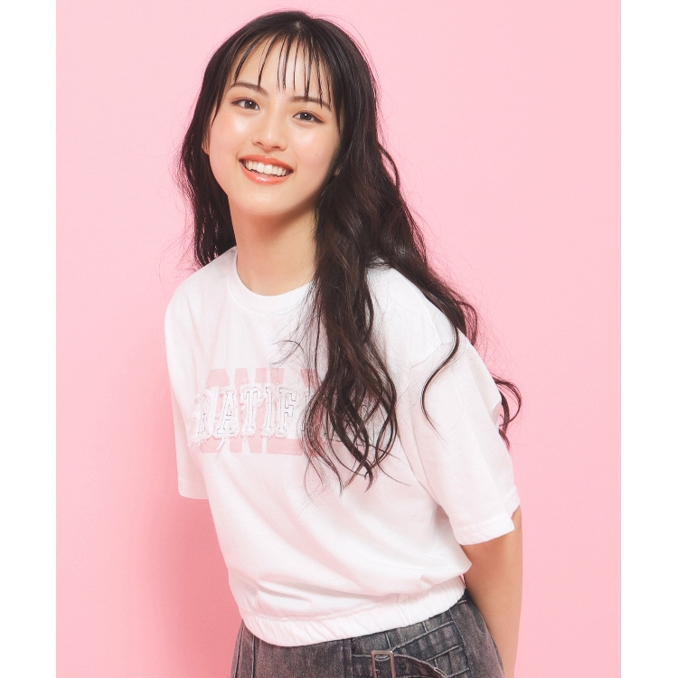 ピンク ラテ(PINK-latte)の【130cmあり】バルーンデニムロゴTシャツ Ｔシャツ