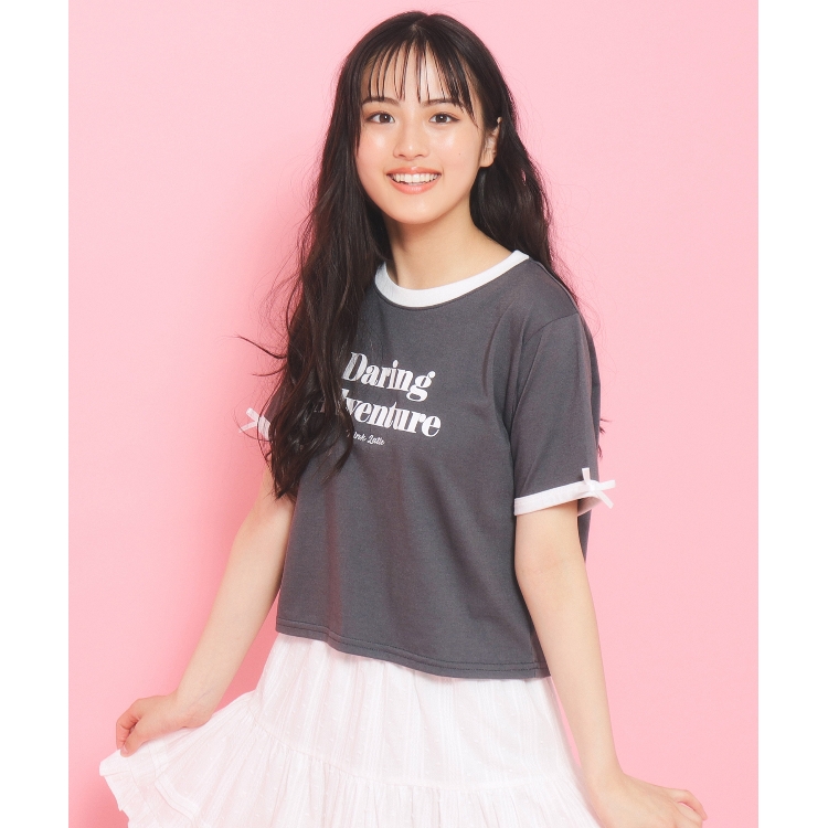 ピンク ラテ(PINK-latte)の【130cmあり】フロントロゴ袖リボンリンガーTシャツ