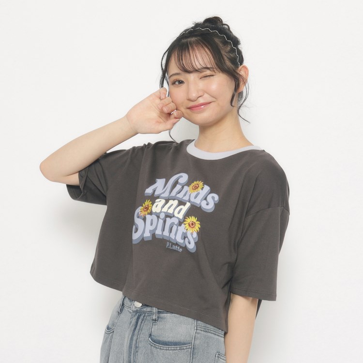 ピンク ラテ(PINK-latte)のひまわりプリント　リンガーTシャツ Ｔシャツ