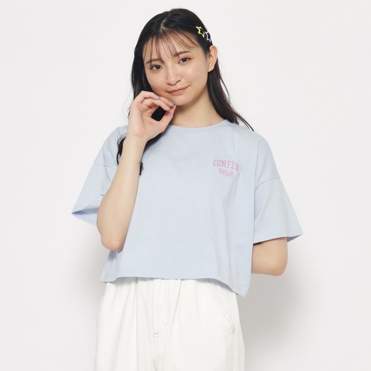 ピンク ラテ(PINK-latte)の【130cmあり】ゆるっとシルエット　バックカレッジロゴTシャツ