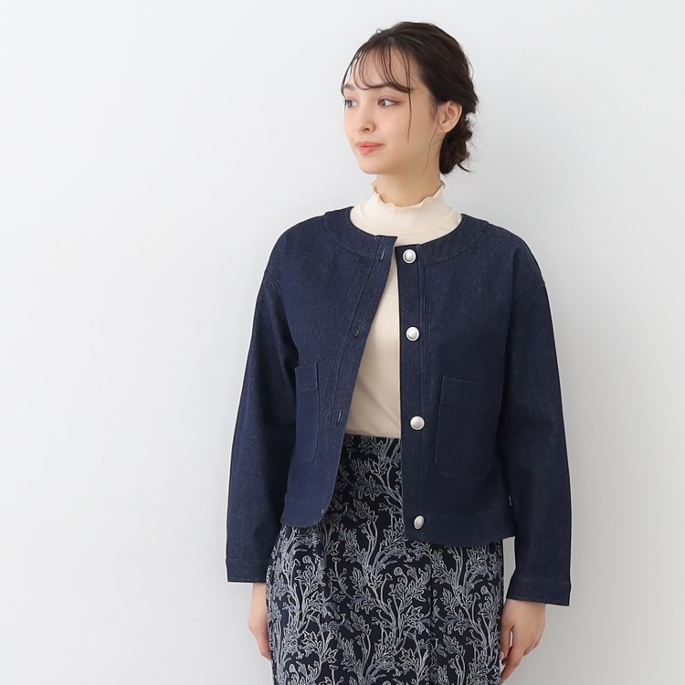 ローラアシュレイ(LAURA ASHLEY)の【洗える/コットン100%/ポケット付き】ノーカラーデニムジャケット デニムジャケット