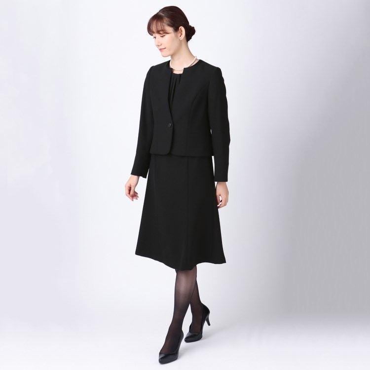 アンカーウーマン(ANCHOR WOMAN)の【S~4L】ノーカラーシフォンフリルアンサンブル【ウォッシャブル】【礼服・喪服・ブラックフォーマル】 スーツセット