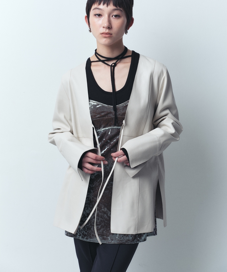 コードエー(CODE A)のCODE A｜front ribbon leather jacket オフホワイト(003)