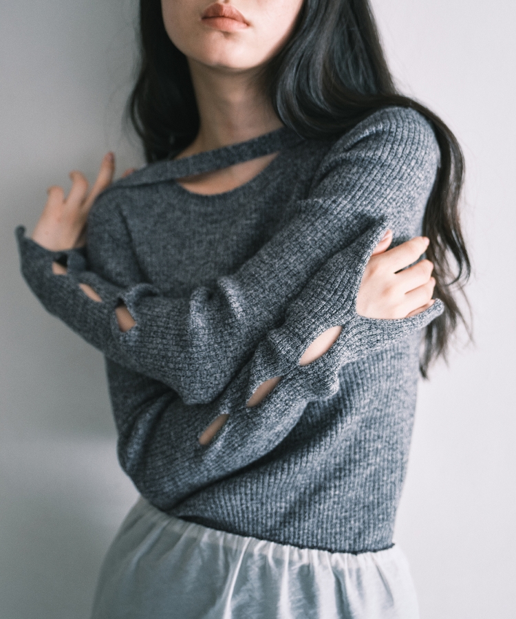 コードエー(CODE A)のCODE A｜melange knit cutting pullover ブラック(019)