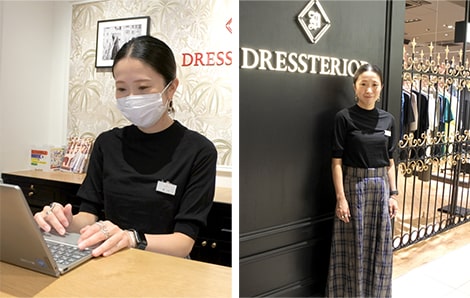 宮川 藍　渋谷スクランブルスクエア店副店長のPCを触っている写真とDRESSTERIOR店舗の前に立っている写真